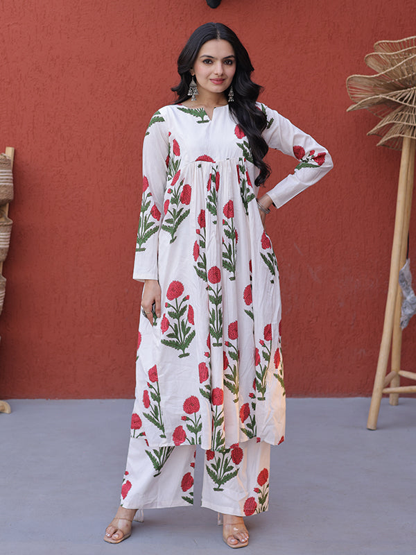 Pink Floral Printed White Cotton Kurti Pant Set