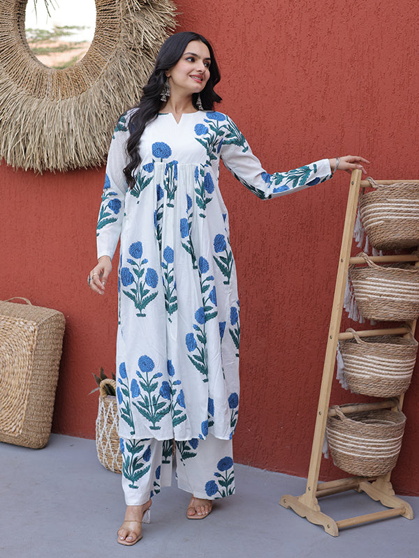 Blue Floral Printed White Cotton Kurti Pant Set