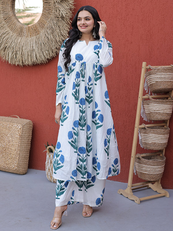 Blue Floral Printed White Cotton Kurti Pant Set