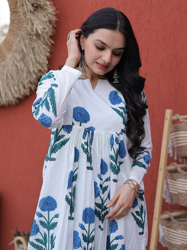 Blue Floral Printed White Cotton Kurti Pant Set
