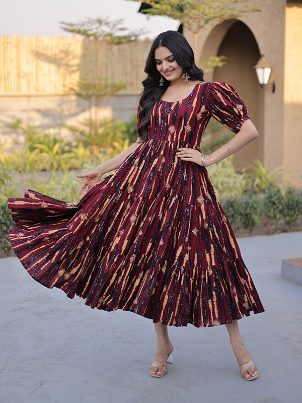 Maroon Printed Cotton Flared Kurti With Puff Sleeves