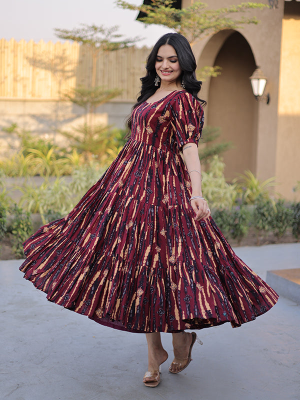 Maroon Printed Cotton Flared Kurti With Puff Sleeves