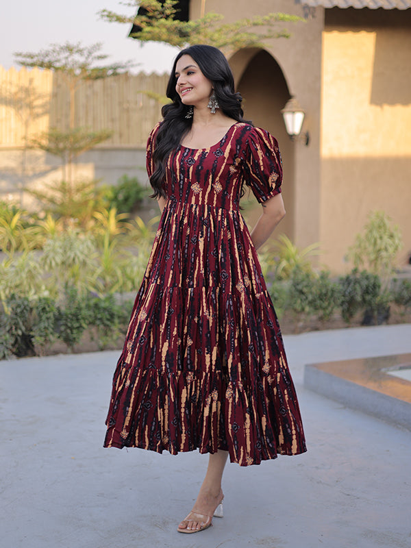 Maroon Printed Cotton Flared Kurti With Puff Sleeves