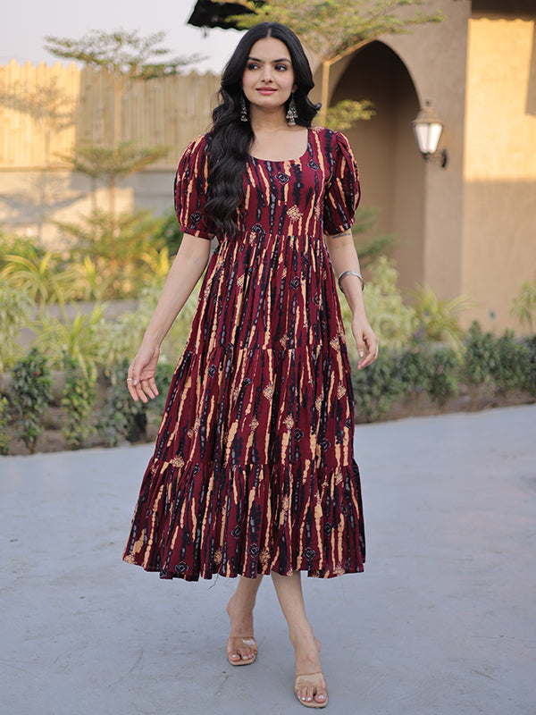 Maroon Printed Cotton Flared Kurti With Puff Sleeves
