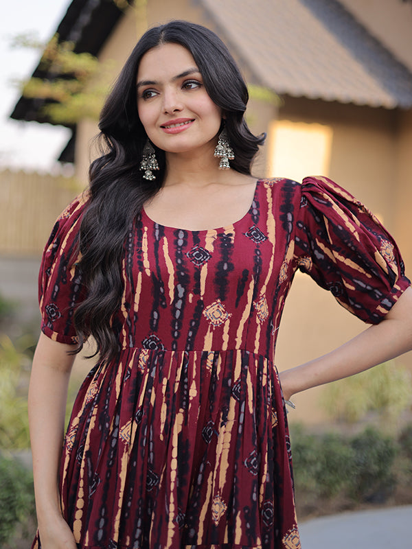 Maroon Printed Cotton Flared Kurti With Puff Sleeves