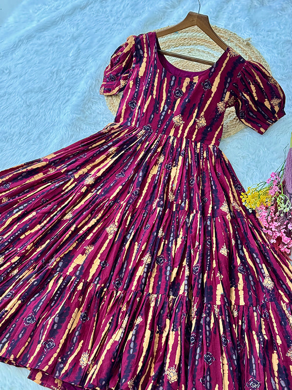 Maroon Printed Cotton Flared Kurti With Puff Sleeves