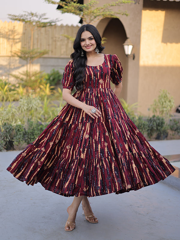 Maroon Printed Cotton Flared Kurti With Puff Sleeves