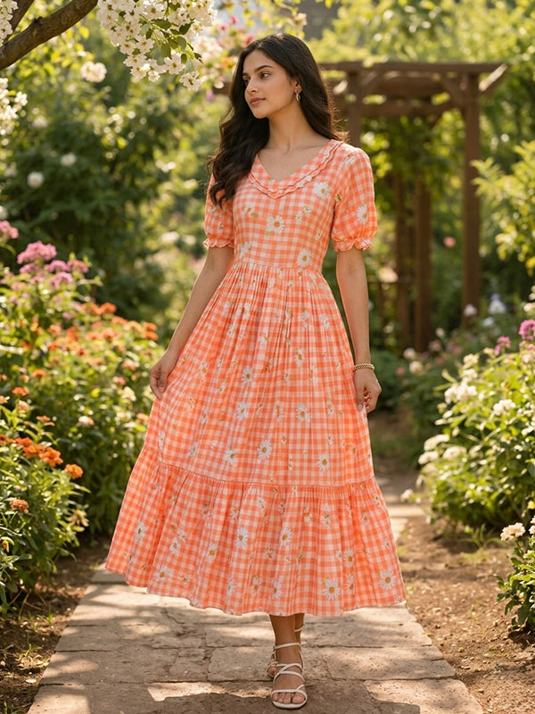Orange Gingham Print Muslin Silk Midi Kurti