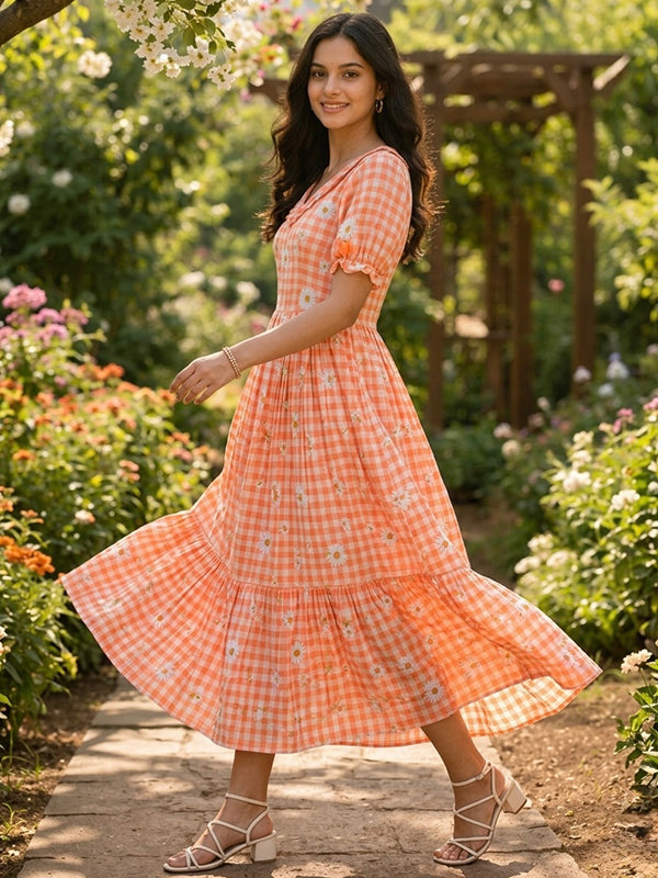Orange Gingham Print Muslin Silk Midi Kurti