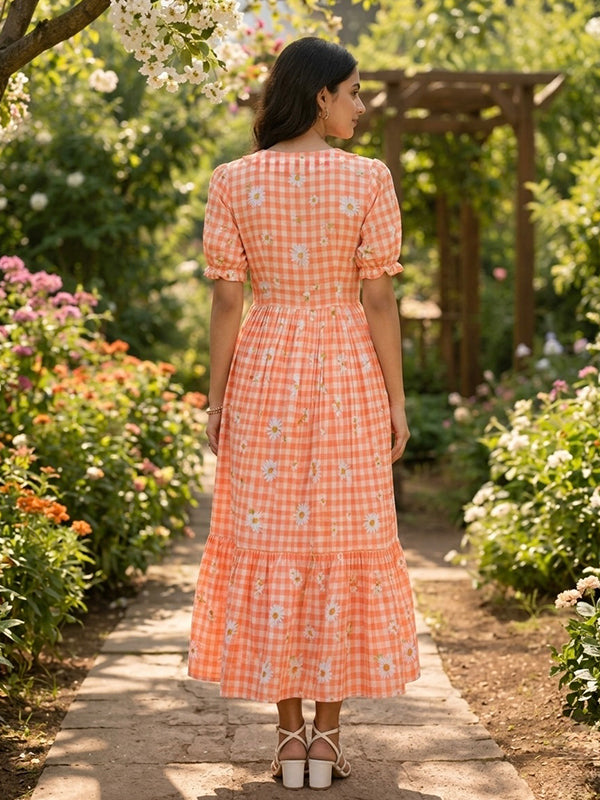 Orange Gingham Print Muslin Silk Midi Kurti