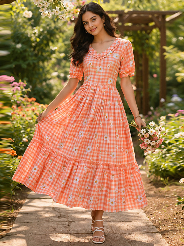 Orange Gingham Print Muslin Silk Midi Kurti