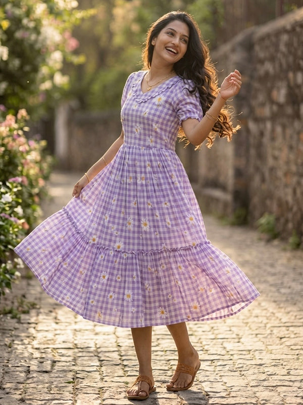 Purple Gingham Print Muslin Silk Midi Kurti