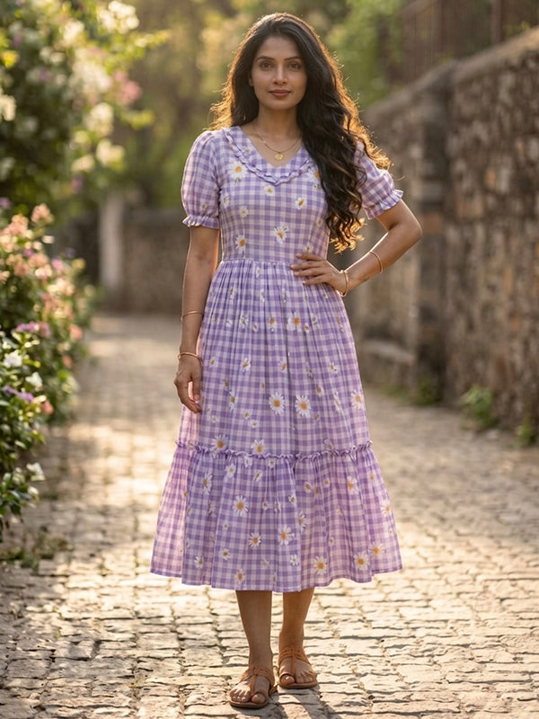 Purple Gingham Print Muslin Silk Midi Kurti