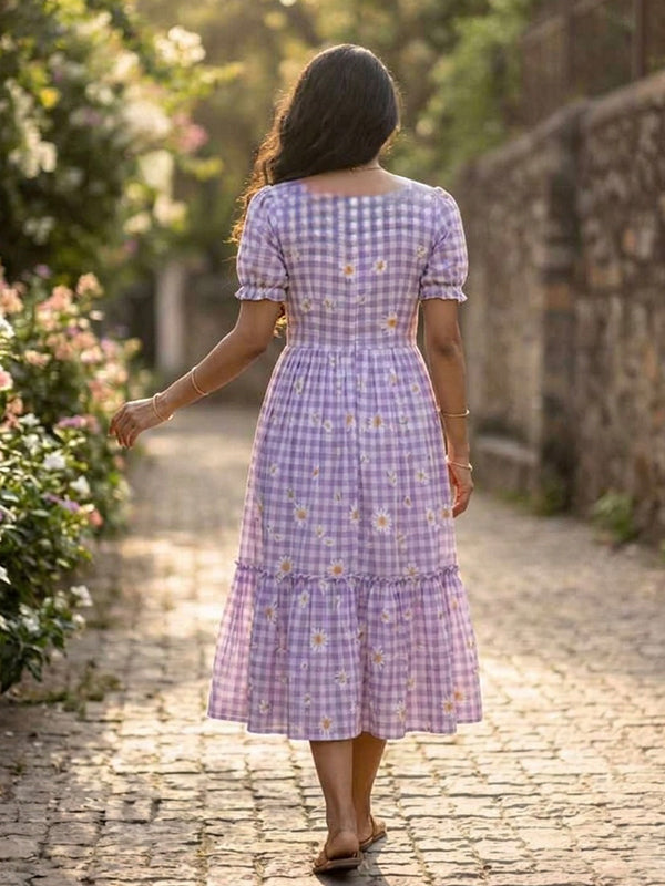 Purple Gingham Print Muslin Silk Midi Kurti