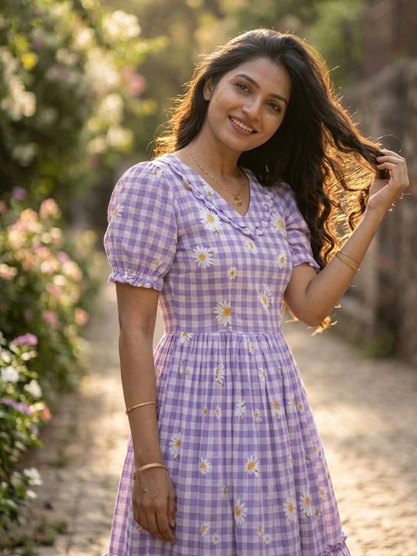 Purple Gingham Print Muslin Silk Midi Kurti