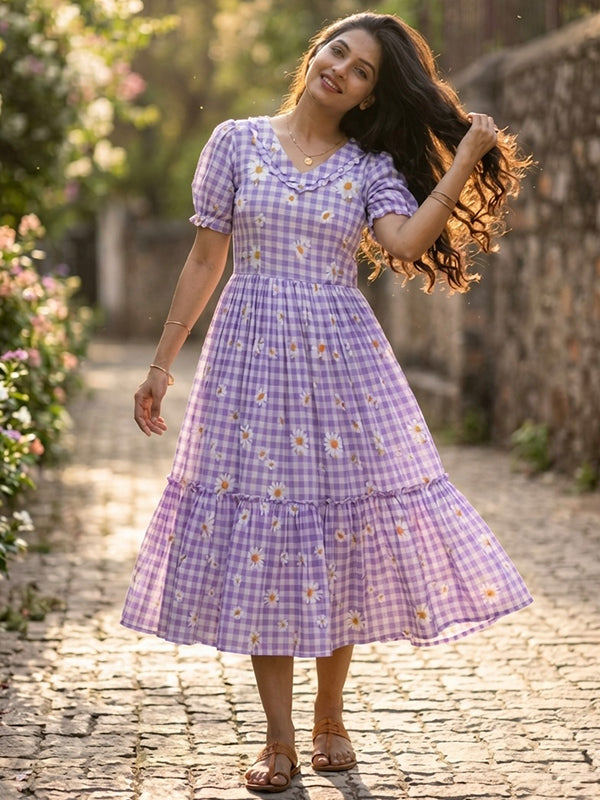 Purple Gingham Print Muslin Silk Midi Kurti
