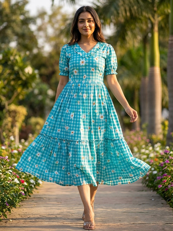 Sky Blue Gingham Print Muslin Silk Midi Kurti
