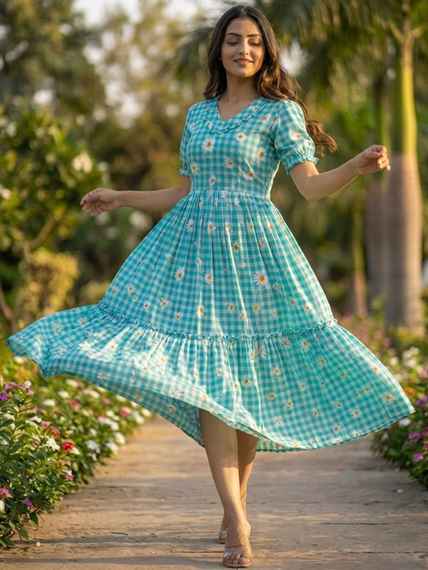 Sky Blue Gingham Print Muslin Silk Midi Kurti