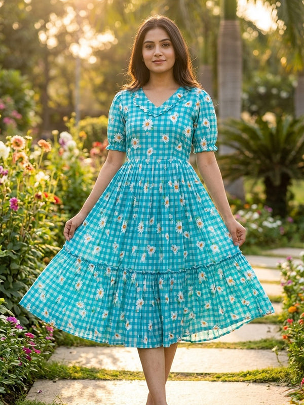 Sky Blue Gingham Print Muslin Silk Midi Kurti