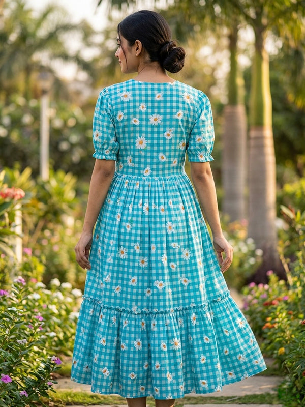 Sky Blue Gingham Print Muslin Silk Midi Kurti