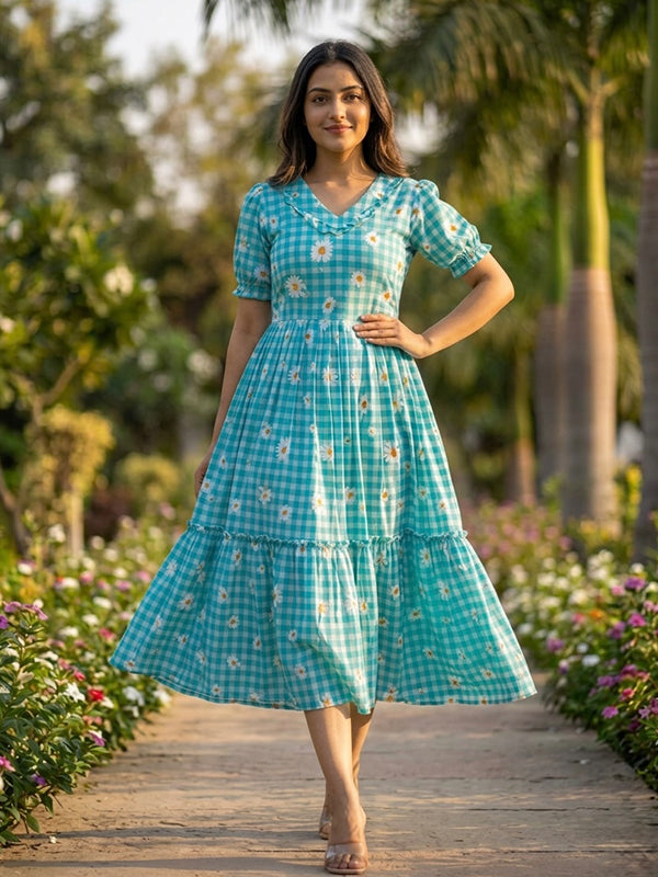 Sky Blue Gingham Print Muslin Silk Midi Kurti