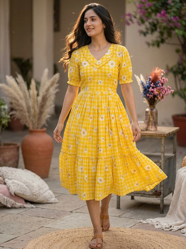 Yellow Gingham Print Muslin Silk Midi Kurti