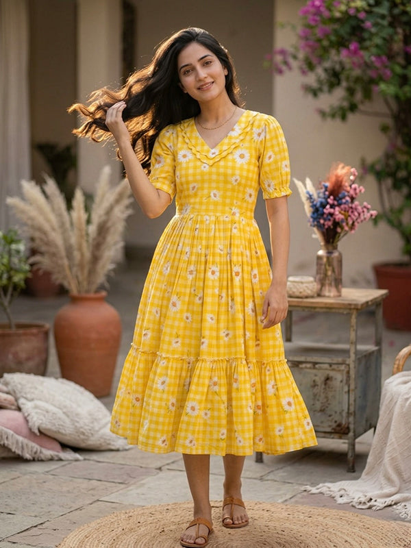 Yellow Gingham Print Muslin Silk Midi Kurti