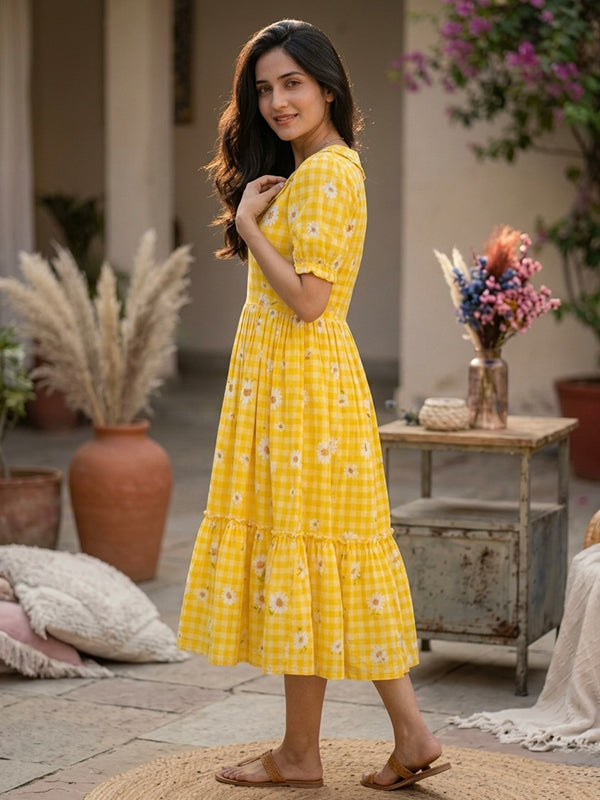 Yellow Gingham Print Muslin Silk Midi Kurti