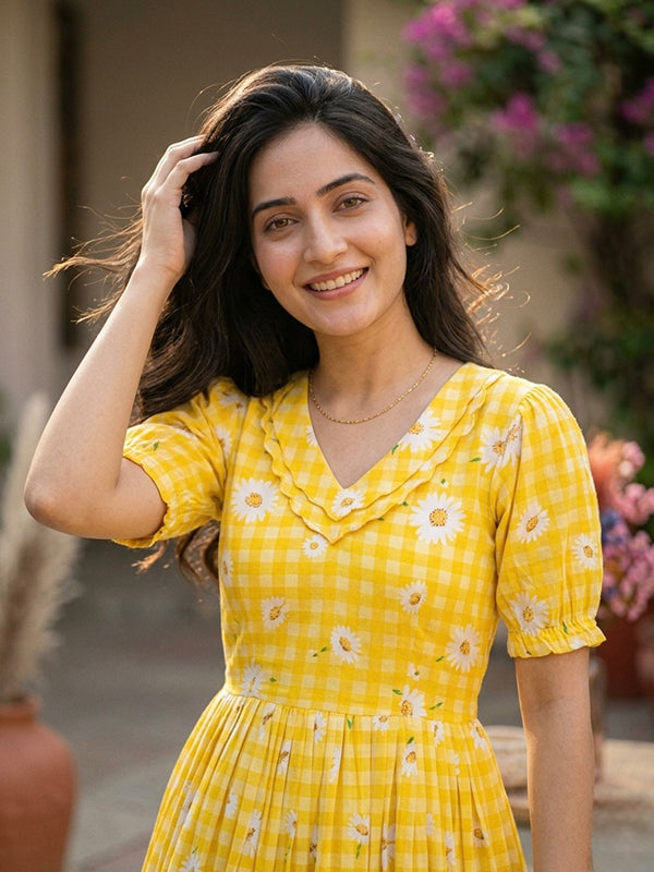 Yellow Gingham Print Muslin Silk Midi Kurti