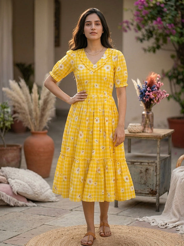 Yellow Gingham Print Muslin Silk Midi Kurti