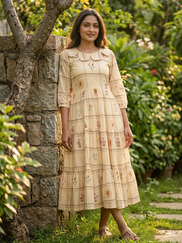 Cream Muslin Silk Gingham Print Midi Kurti