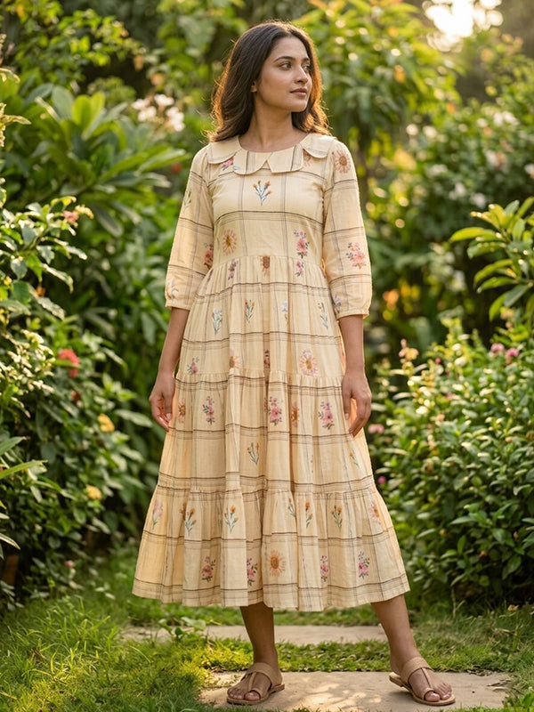 Cream Muslin Silk Gingham Print Midi Kurti