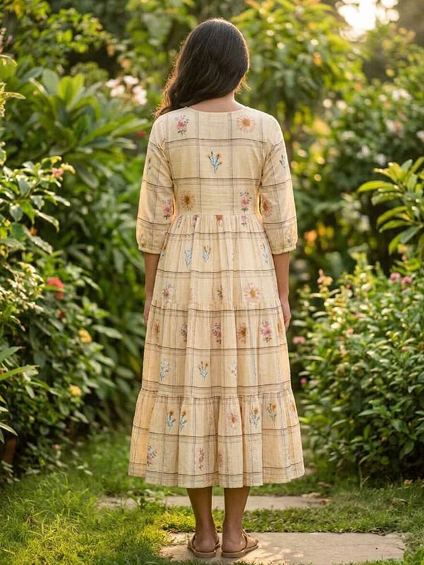 Cream Muslin Silk Gingham Print Midi Kurti