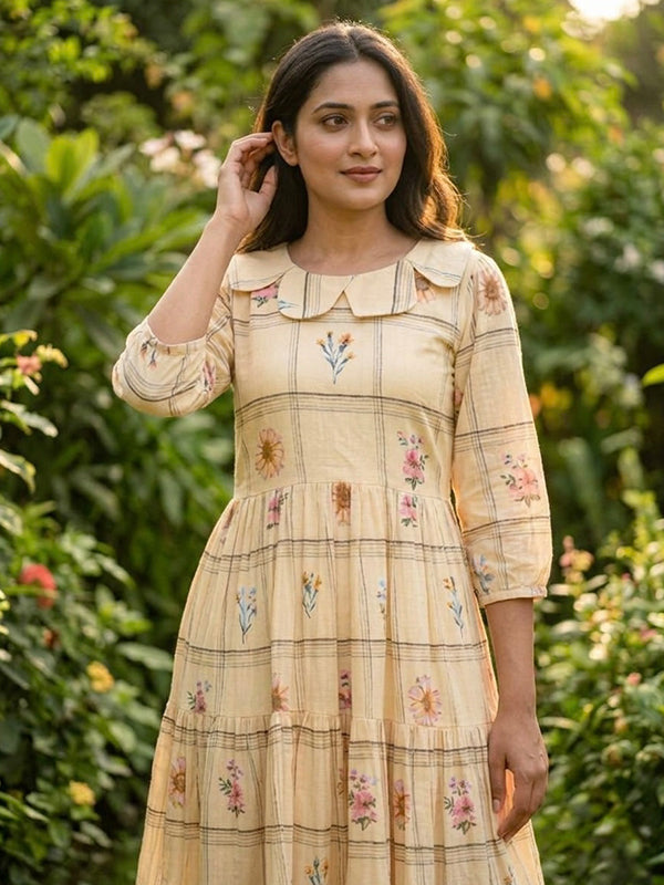 Cream Muslin Silk Gingham Print Midi Kurti