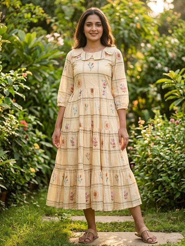 Cream Muslin Silk Gingham Print Midi Kurti