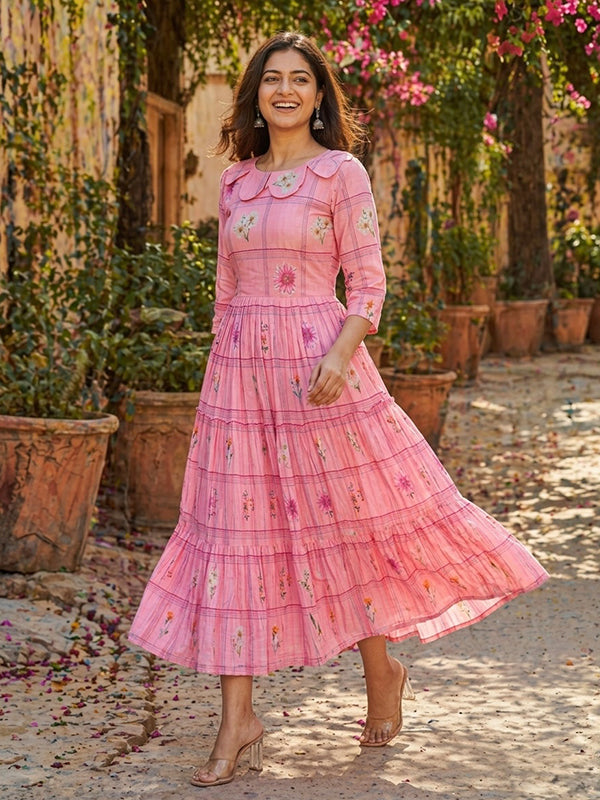 Pink Muslin Silk Gingham Print Midi Kurti