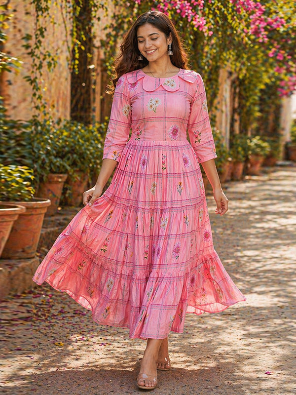 Pink Muslin Silk Gingham Print Midi Kurti