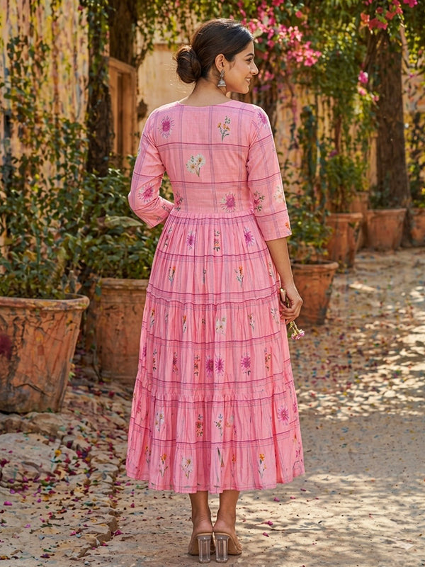 Pink Muslin Silk Gingham Print Midi Kurti