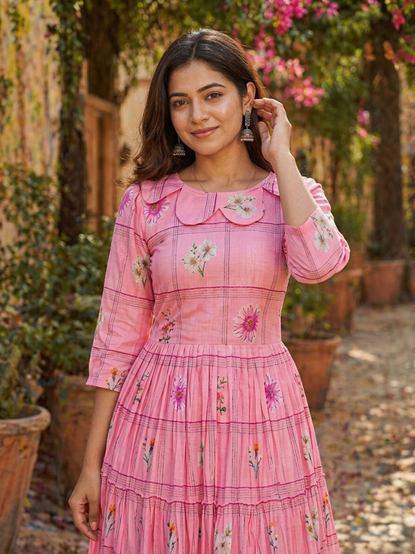 Pink Muslin Silk Gingham Print Midi Kurti