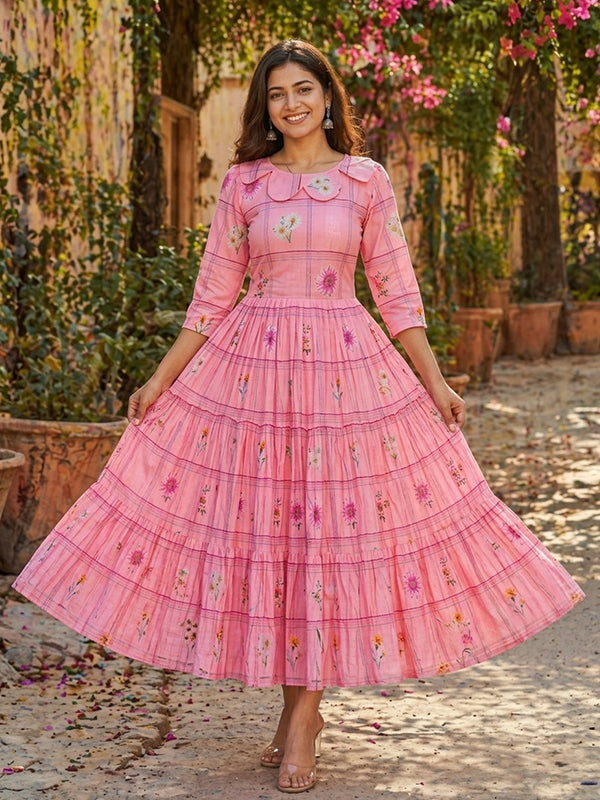 Pink Muslin Silk Gingham Print Midi Kurti