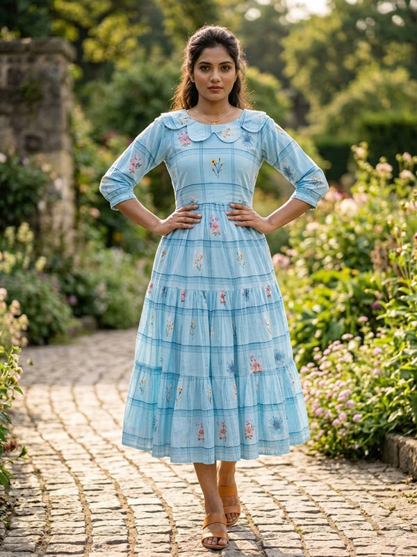 Sky Blue Muslin Silk Gingham Print Midi Kurti