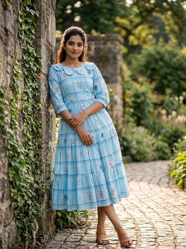 Sky Blue Muslin Silk Gingham Print Midi Kurti