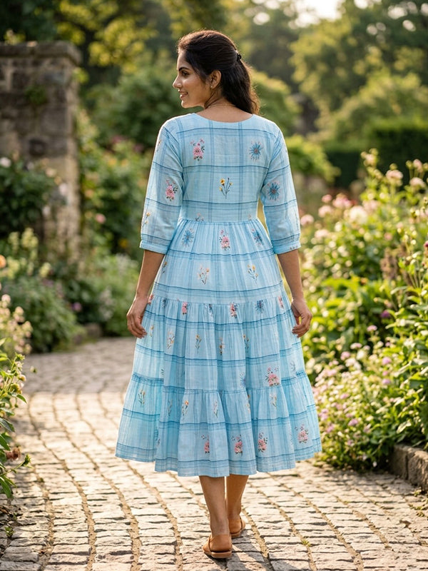 Sky Blue Muslin Silk Gingham Print Midi Kurti