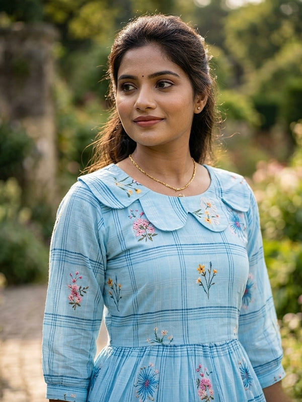 Sky Blue Muslin Silk Gingham Print Midi Kurti