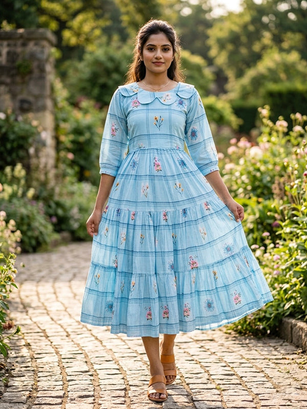 Sky Blue Muslin Silk Gingham Print Midi Kurti