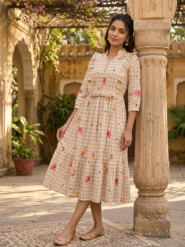 Beige Muslin Silk Gingham Print Puff Sleeves Midi Kurti