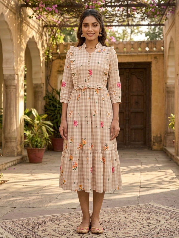 Beige Muslin Silk Gingham Print Puff Sleeves Midi Kurti