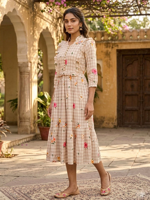 Beige Muslin Silk Gingham Print Puff Sleeves Midi Kurti