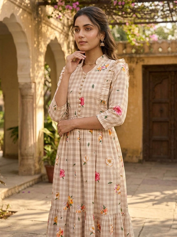 Beige Muslin Silk Gingham Print Puff Sleeves Midi Kurti