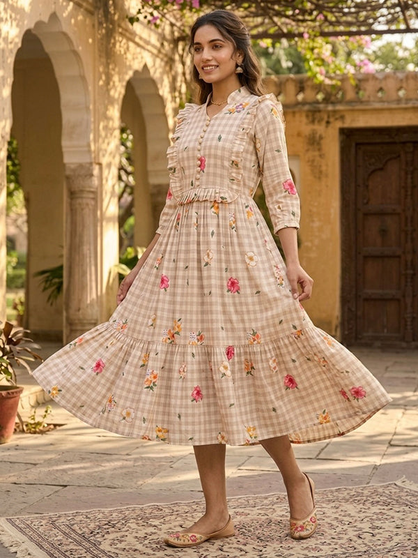 Beige Muslin Silk Gingham Print Puff Sleeves Midi Kurti